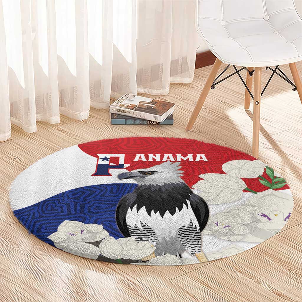 Round rug showing a harpy eagle in front of red and blue flag-style shapes with white accents