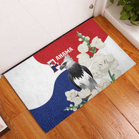 Harpy eagle rubber doormat with red and blue waves and white flower applique