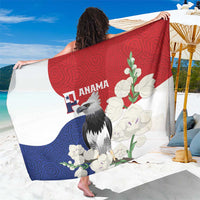 Panama flag sarong with harpy eagle and mola leaf pattern, red white and blue