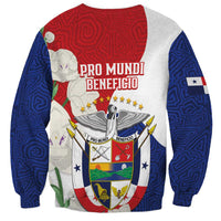 Unisex sweatshirt back with PRO MUNDI BENEFICIO text and crest graphic in red blue