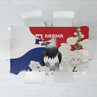 Harpy eagle tablecloth with red and blue mola-style pattern, square folded view