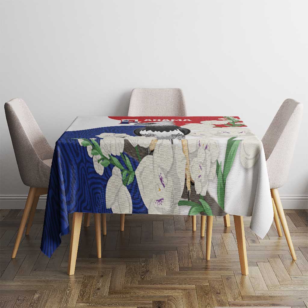Square harpy eagle tablecloth with red, blue, and white mola-style pattern