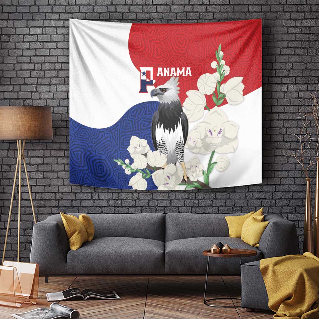 Flag-style tapestry with harpy eagle, red blue white panels, floral accents