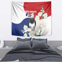 Flag-style tapestry with harpy eagle center, red top, blue wavy base, flowers