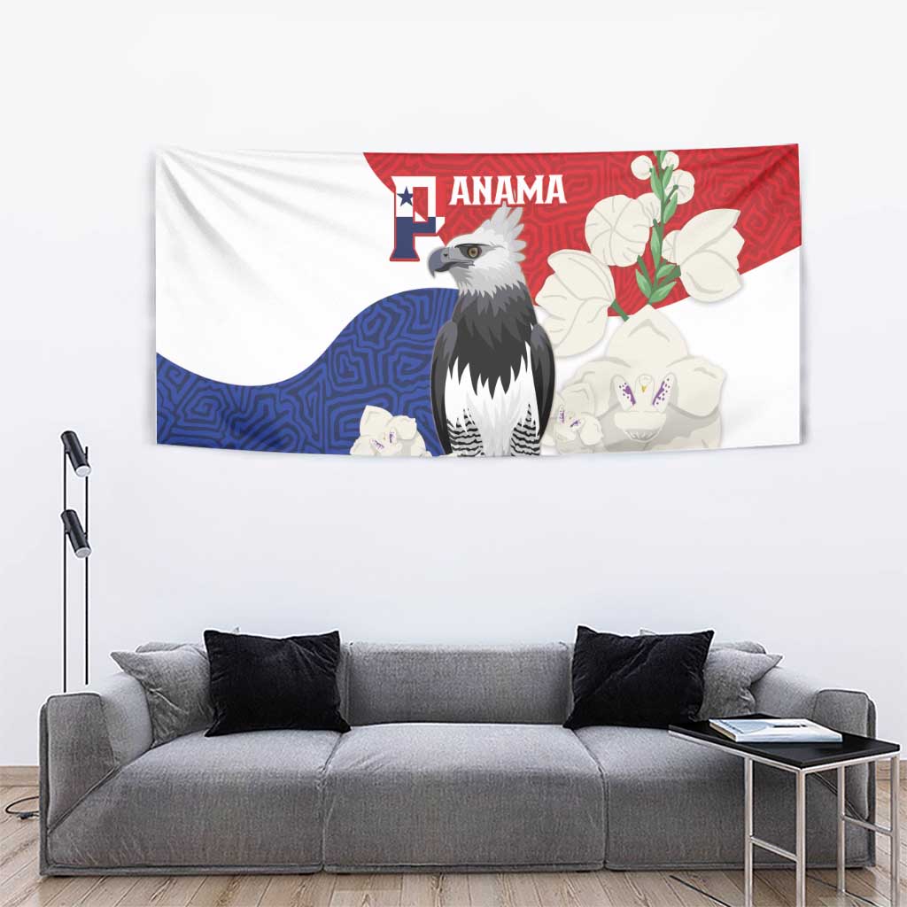 Flag-style tapestry with harpy eagle, red top, blue wavy section, white floral clusters