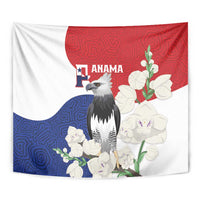 Flag-style tapestry close-up with harpy eagle, red and blue swirls, cream flowers