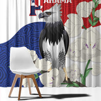 Close view of flag-style harpy eagle curtain fabric with red, blue, and white sections.
