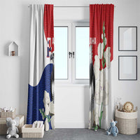 Set of flag-style harpy eagle window curtains with red, blue, and white graphic design.