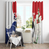 Harpy eagle flag-style window curtains on rod with red and white panels plus blue wave area.