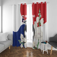 Flag-style harpy eagle curtain pair with red top, white flower elements, and blue section.