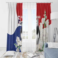 Harpy eagle flag-style window curtain panels with red, blue, and white imagery and pattern.