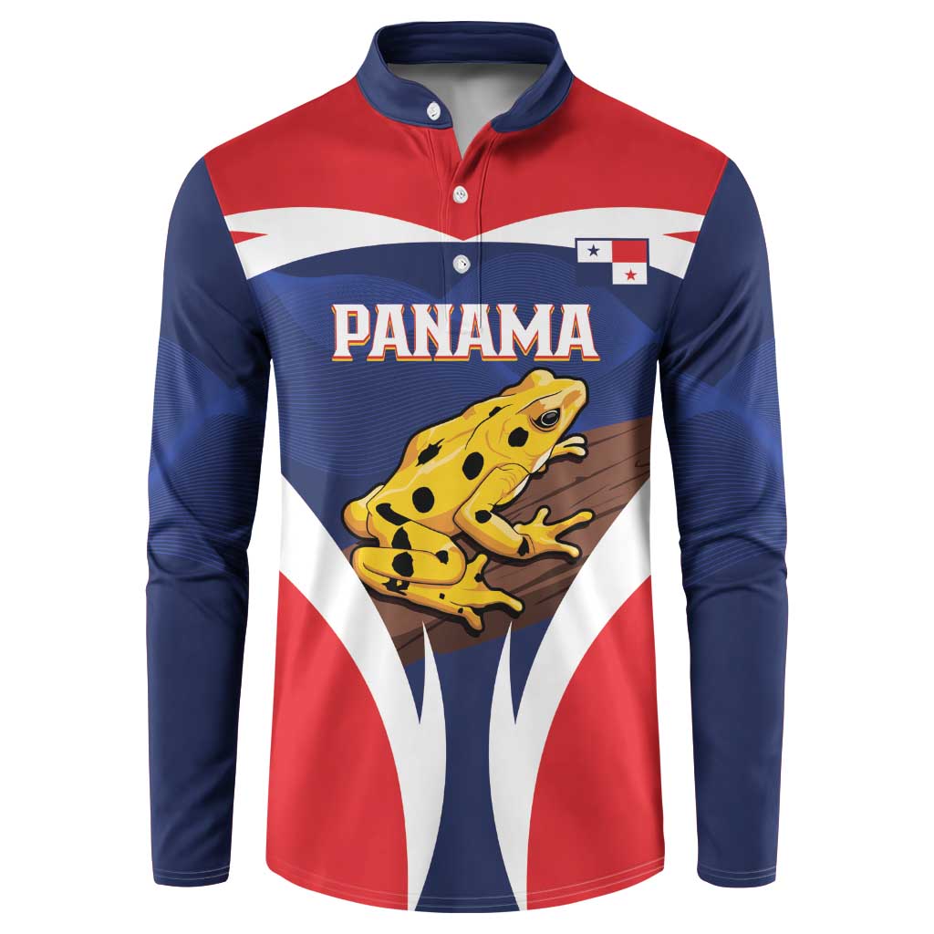 Long-sleeve button polo sweatshirt in red, navy and white with Panama graphic and frog emblem.