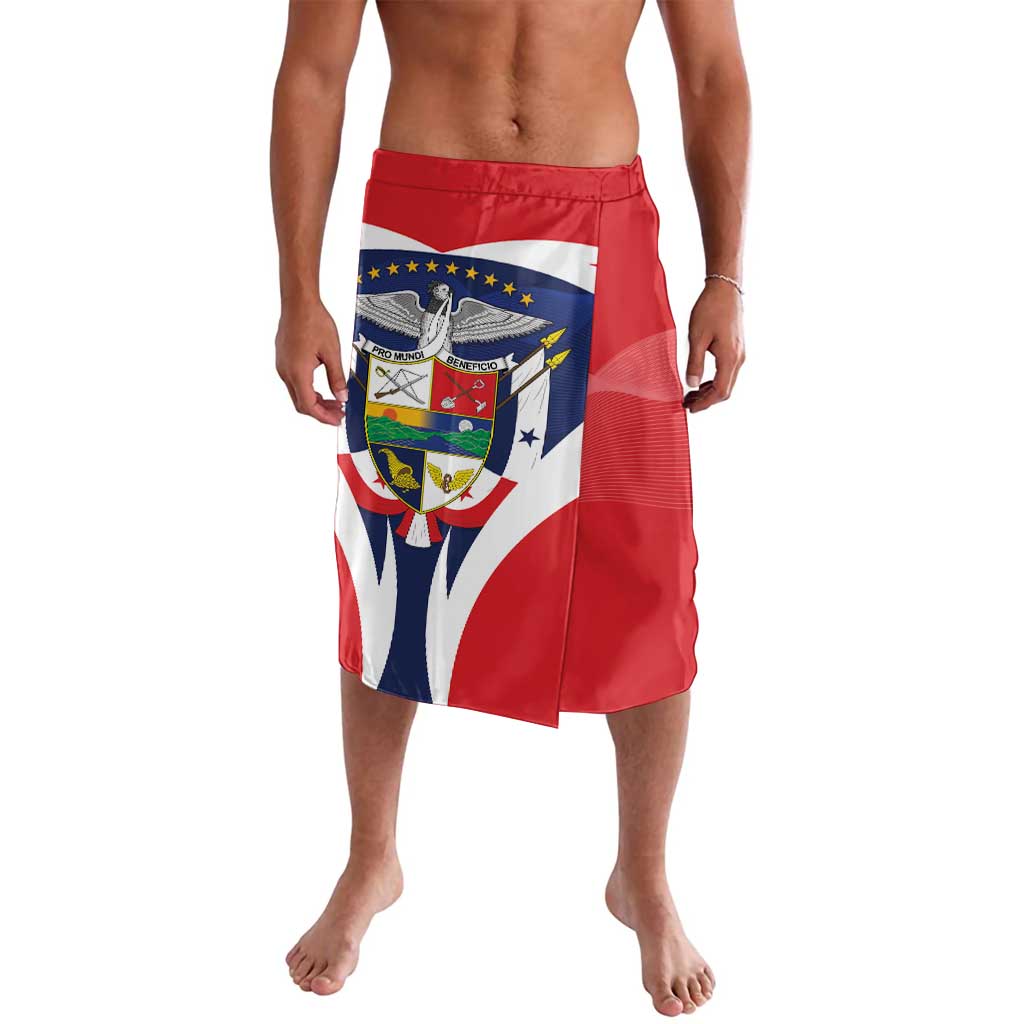 Red graphic swim shorts with elastic waistband and side pleats