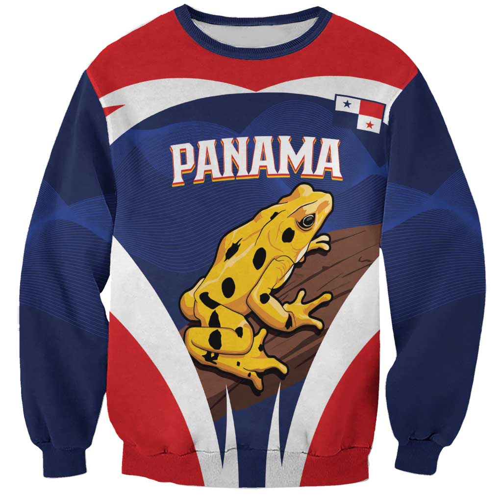 Unisex sweatshirt with red/navy/white stripes and golden frog front graphic