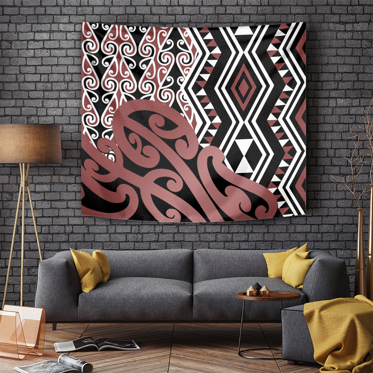 Brown geometric tapestry with tribal koru-style pattern and black white zigzags