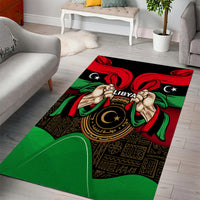 Libya area rug showing red flag ribbons, black stars, green accents, and raised hands