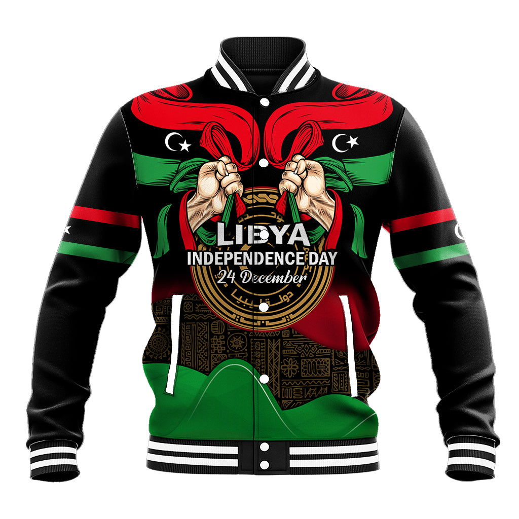 Black unisex baseball jacket with red, green, and Libya Independence Day front graphic