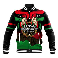 Black unisex baseball jacket with red, green, and Libya Independence Day front graphic