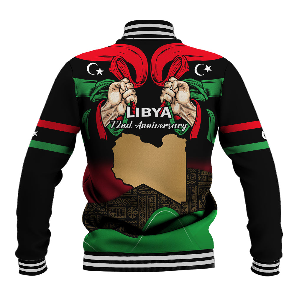 Black unisex baseball jacket with striped collar and Libya anniversary back graphic