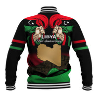 Black unisex baseball jacket with striped collar and Libya anniversary back graphic