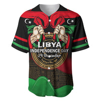 Black baseball jersey with Libyan-themed fists graphic, red green stripes, button front