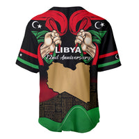 Black baseball jersey with Libyan map graphic, red green stripes, short sleeves