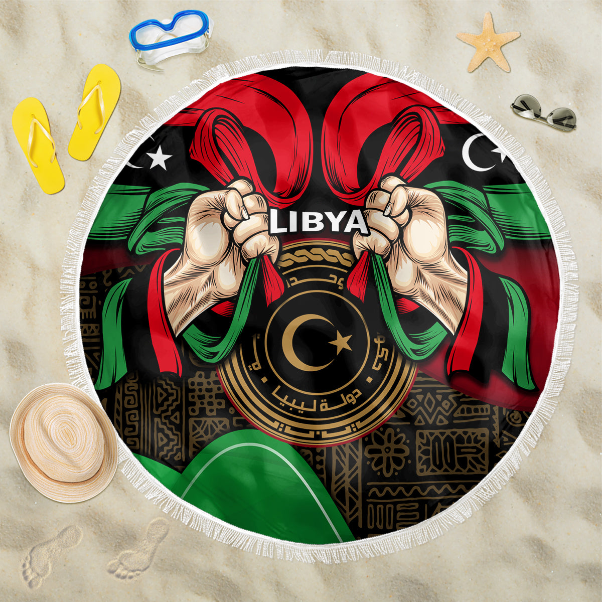 Round Libya beach blanket with white fringe, central “LIBYA” emblem, flag pattern and stars