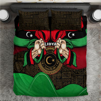 Libya themed bedding set with flag colors, emblem graphic, and matching pillowcases