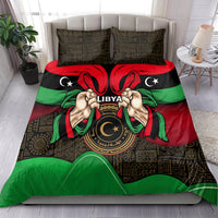 Libya themed duvet bedding set with emblem, black red green bands, and two pillowcases