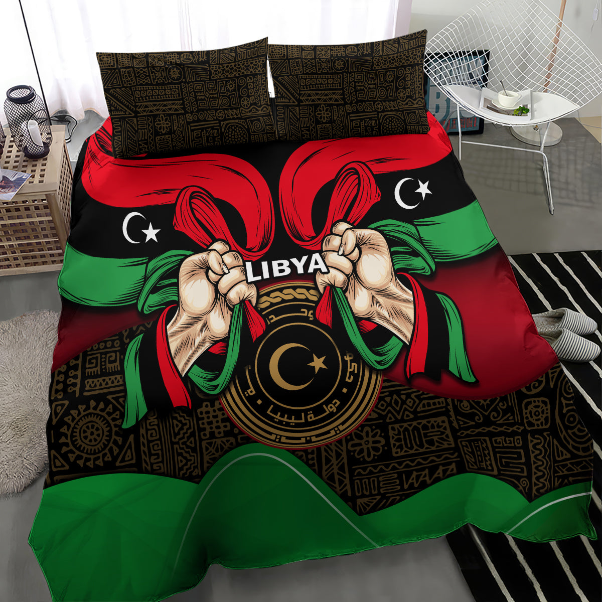 Libya themed bedding set featuring central emblem and flag ribbon design with pillowcases