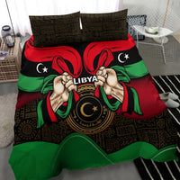 Libya themed bedding set featuring central emblem and flag ribbon design with pillowcases
