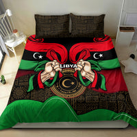 Libya themed duvet and pillow set with emblem, black red green flag bands, and patterned background