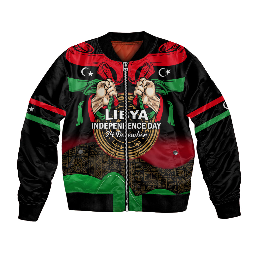 Unisex bomber jacket, black with Libya flag graphics and Independence Day 24 Dec front