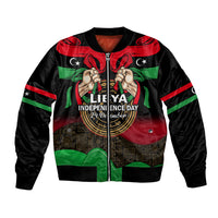 Unisex bomber jacket, black with Libya flag graphics and Independence Day 24 Dec front