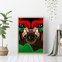 Framed Libya Independence Day canvas wall art, wood frame, hands holding LIBYA emblem