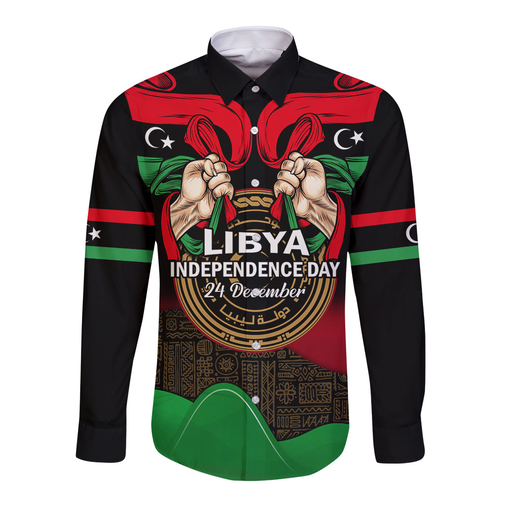 Black long-sleeve button shirt with Libya Independence Day front graphic and flag stripes
