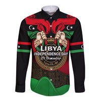 Black long-sleeve button shirt with Libya Independence Day front graphic and flag stripes