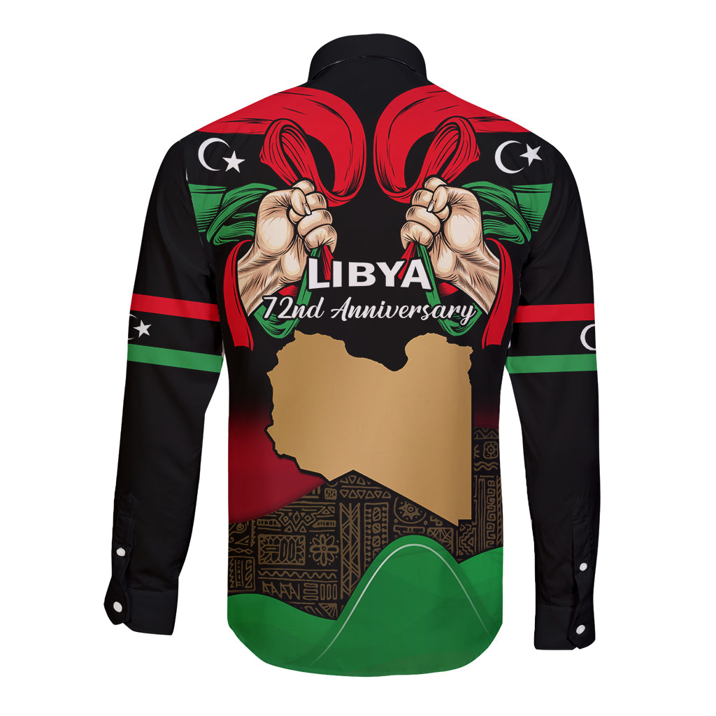 Black long-sleeve button shirt with back Libya 72nd Anniversary map graphic
