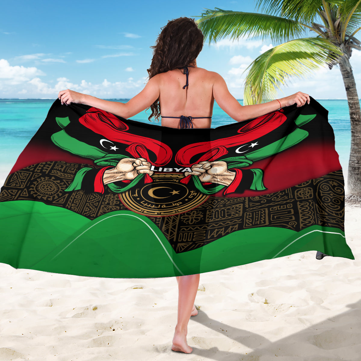 Libya-themed black sarong with red and green flag artwork, crescent stars and emblem