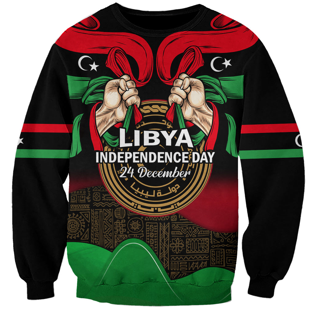 Black unisex sweatshirt with Libya independence day print, raised fists and flag colors
