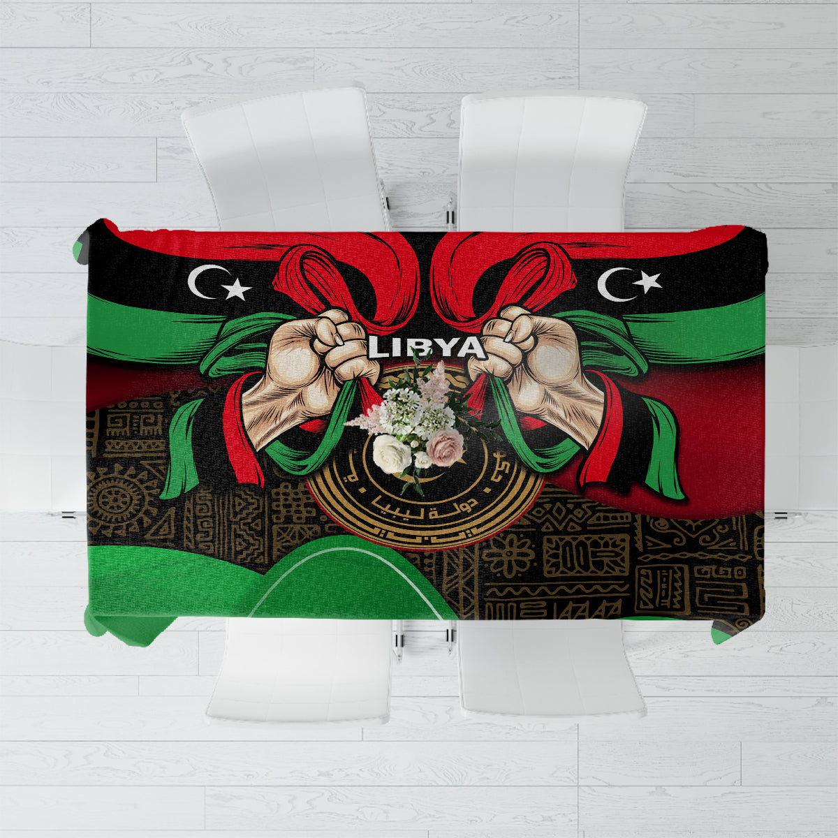 Libya flag patterned tablecloth in green, red, and black with hands and LIBYA text