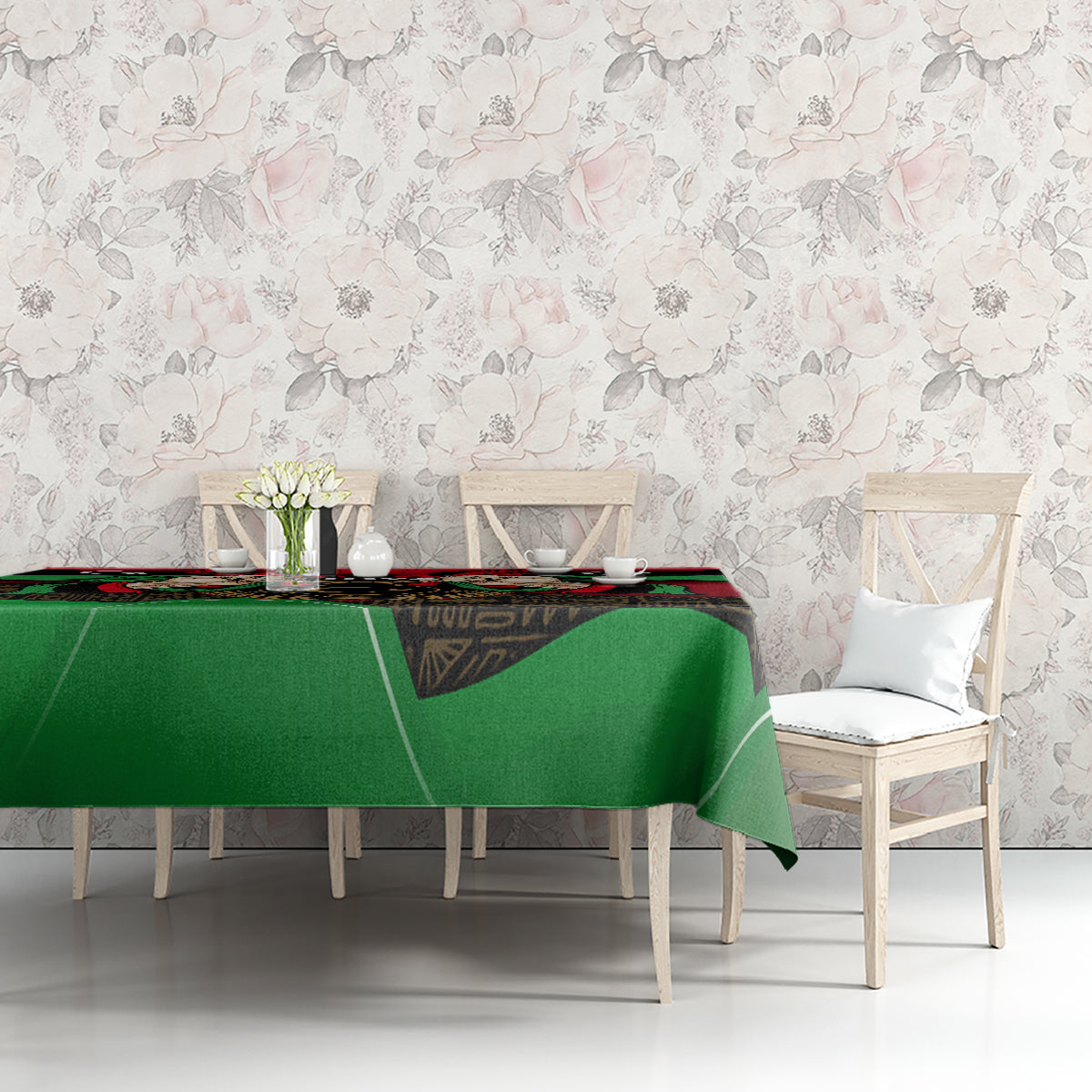 Libya flag patterned tablecloth with green and black geometric motif and red stripe at edge