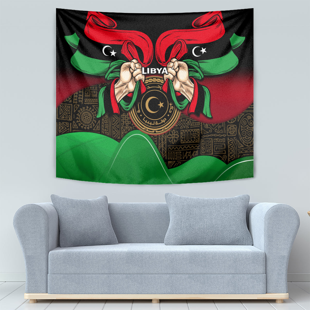 Wall-hanging tapestry with black field, Libya emblem, red wings, and green ribbon drape.