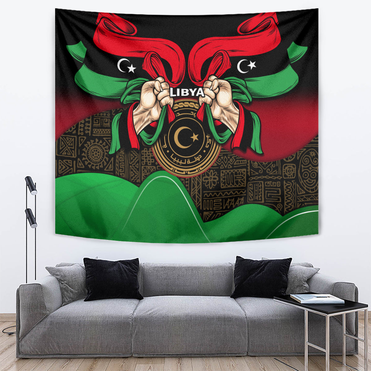 Wall tapestry showing Libya text on central seal, red-and-green ribbon wings on black cloth.