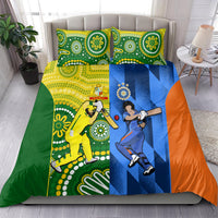 Cricket-themed bedding set: green, blue, orange and yellow duvet with two graphic player pillows