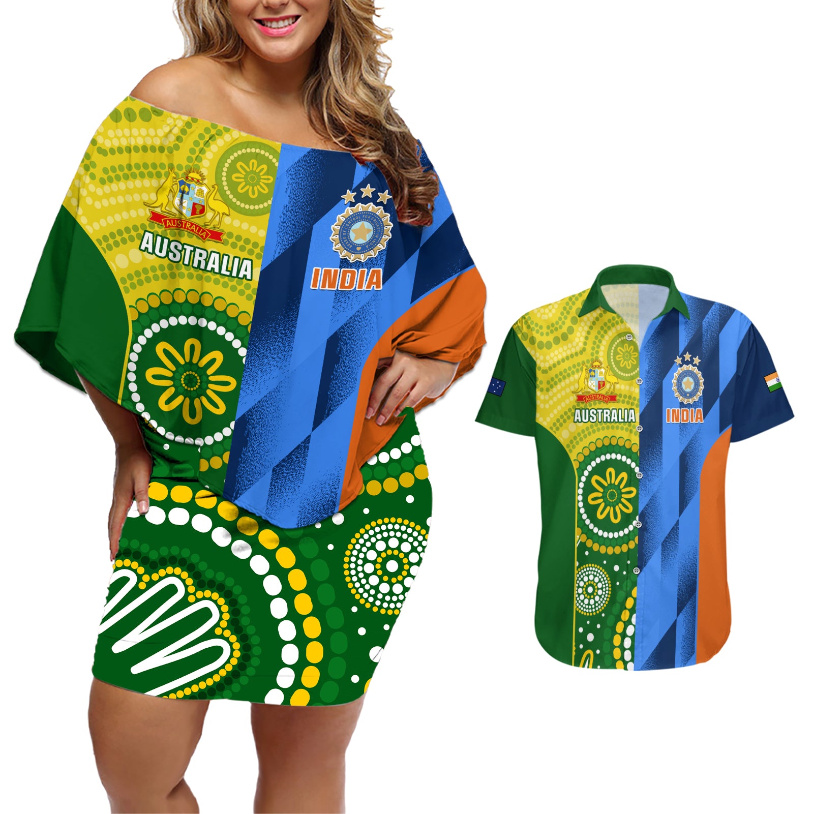 Australia And India Cricket Couples Matching Off Shoulder Short Dress and Hawaiian Shirt 2023 World Cup Final Together - Wonder Print Shop