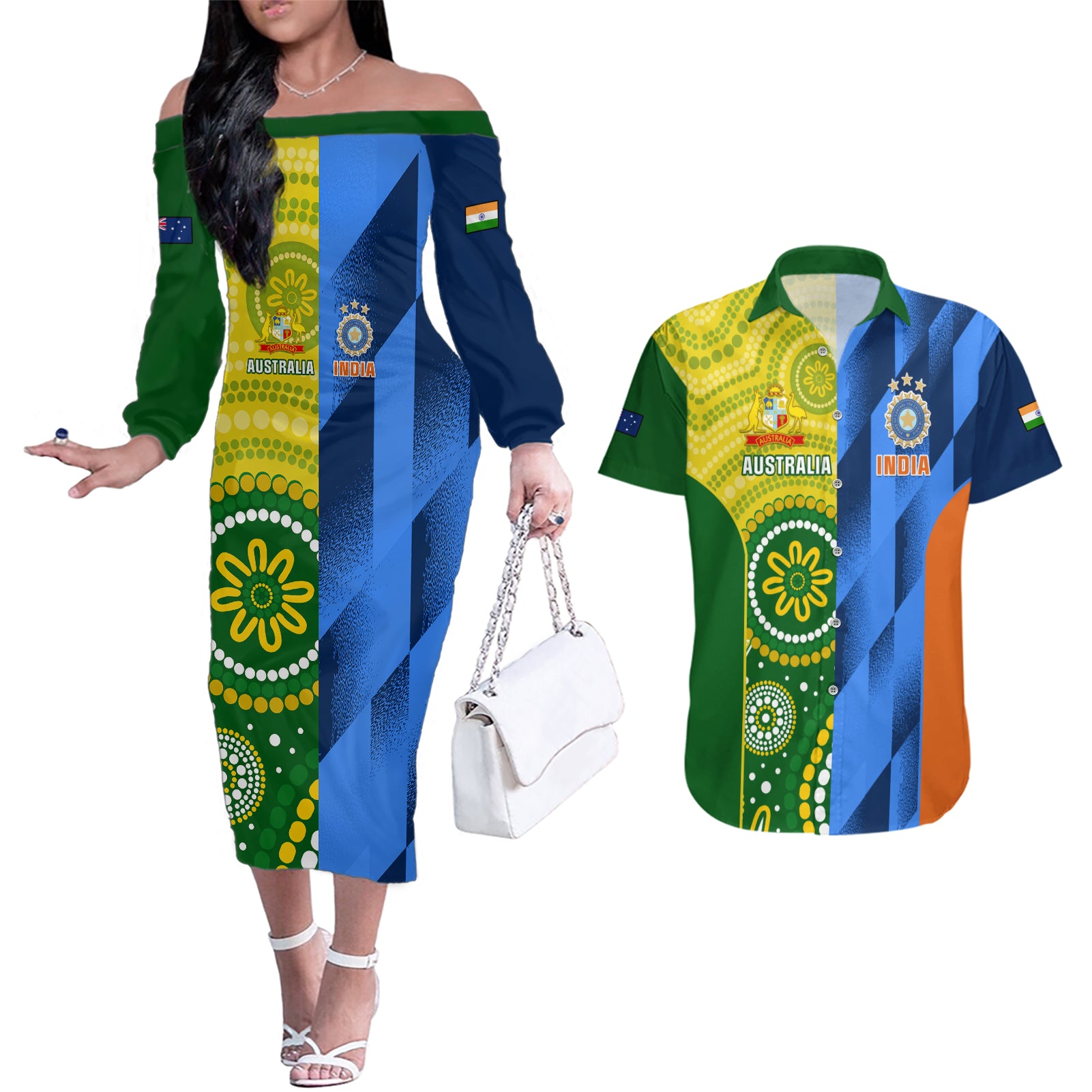 Australia And India Cricket Couples Matching Off The Shoulder Long Sleeve Dress and Hawaiian Shirt 2023 World Cup Final Together - Wonder Print Shop