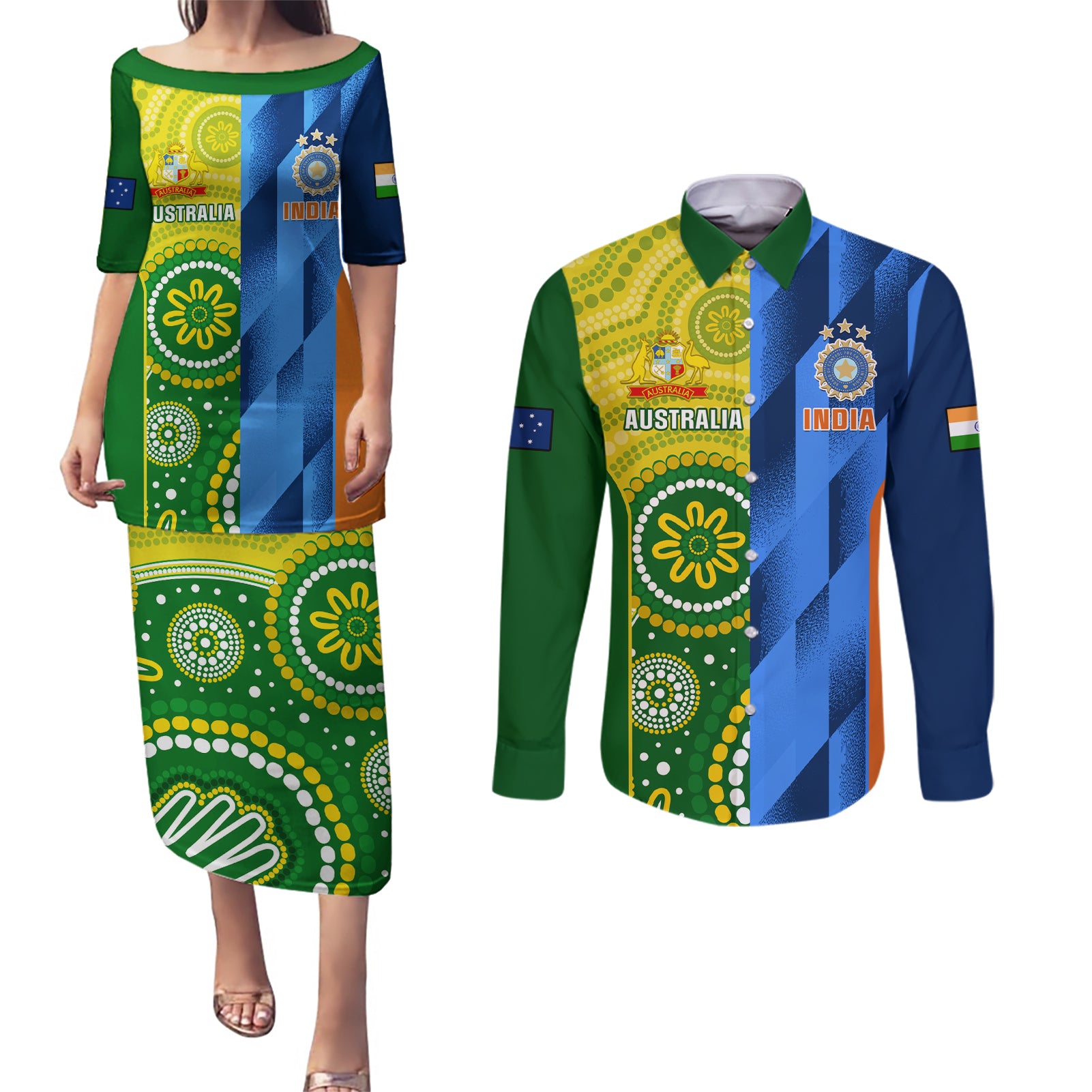 Australia And India Cricket Couples Matching Puletasi Dress and Long Sleeve Button Shirt 2023 World Cup Final Together - Wonder Print Shop