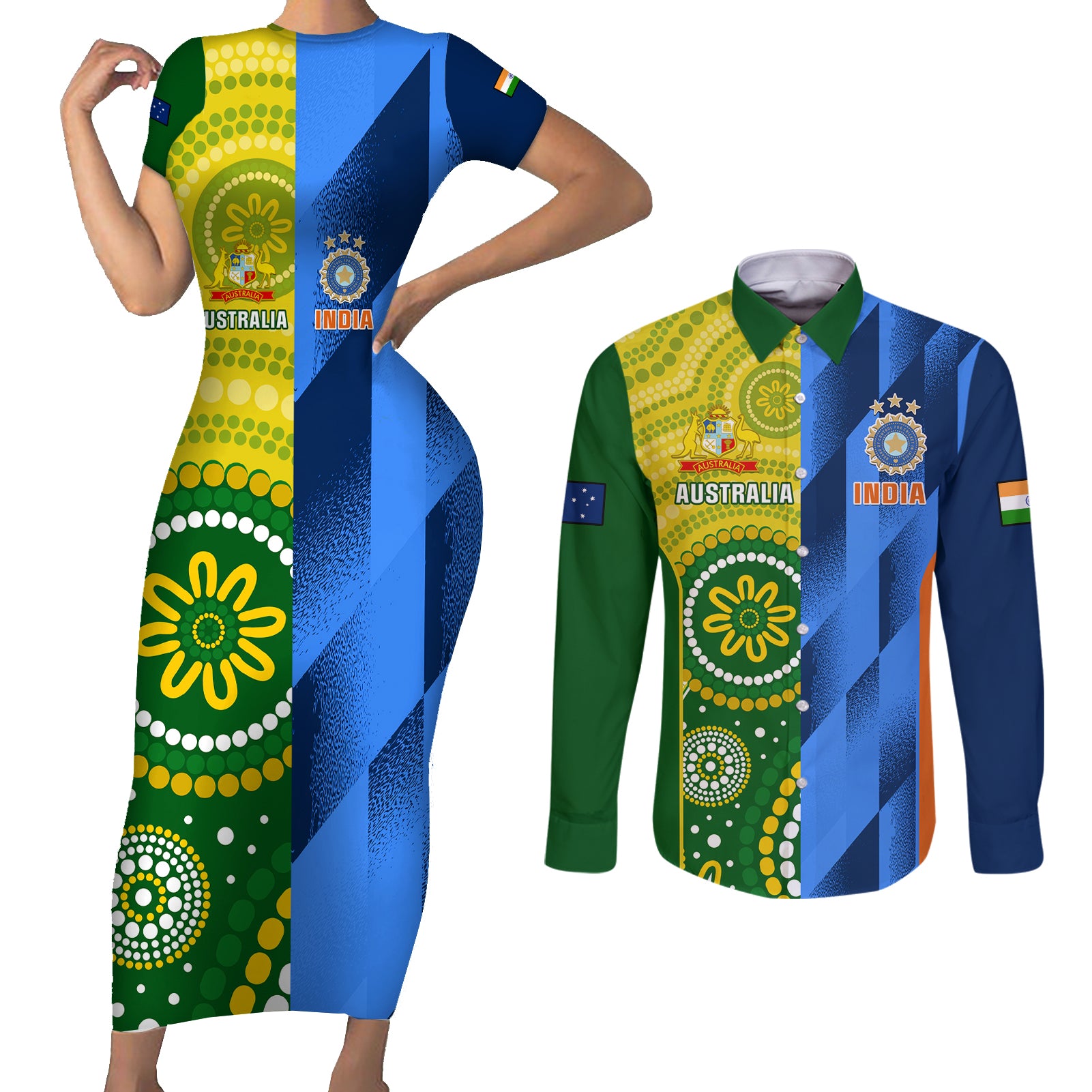 Australia And India Cricket Couples Matching Short Sleeve Bodycon Dress and Long Sleeve Button Shirt 2023 World Cup Final Together - Wonder Print Shop