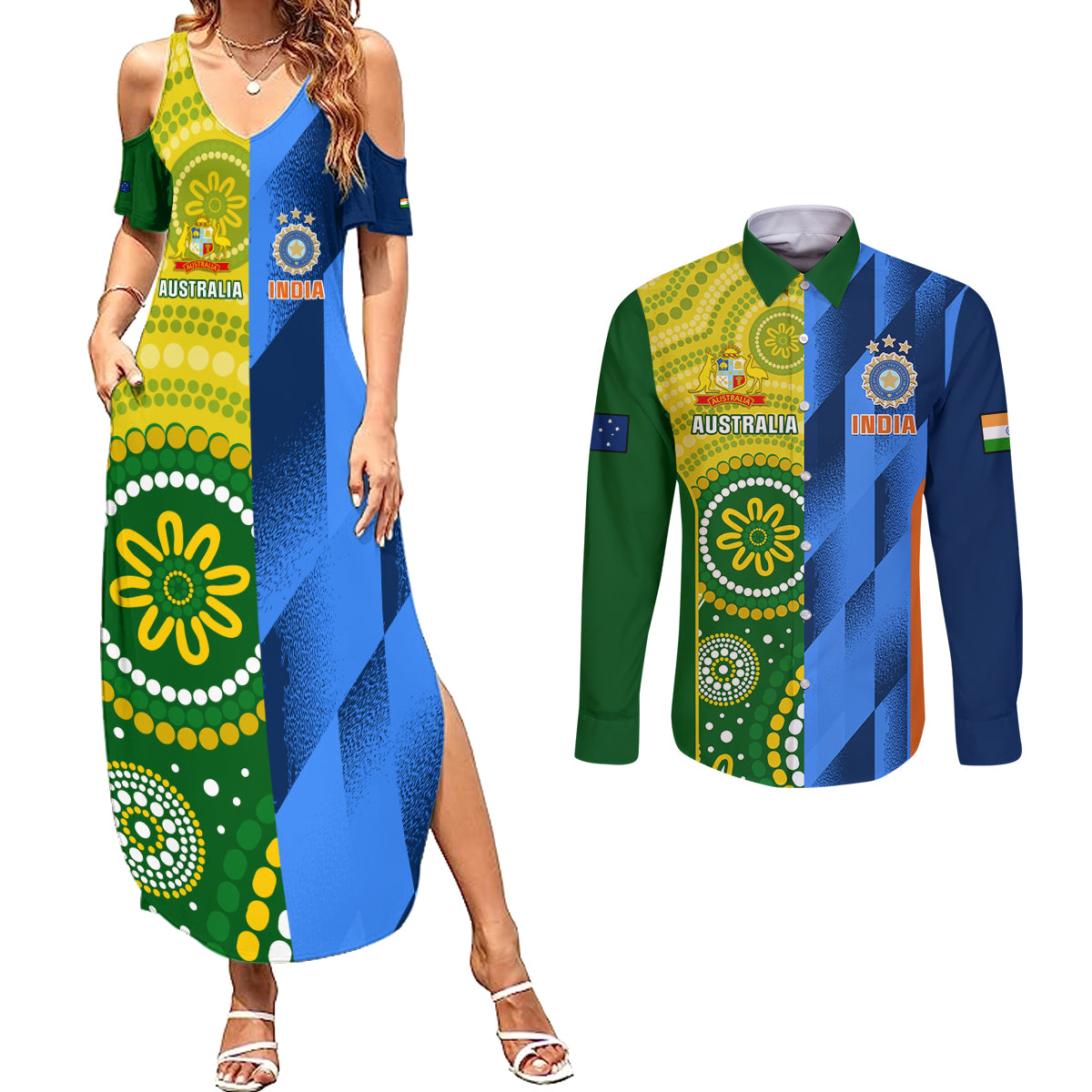 Australia And India Cricket Couples Matching Summer Maxi Dress and Long Sleeve Button Shirt 2023 World Cup Final Together - Wonder Print Shop